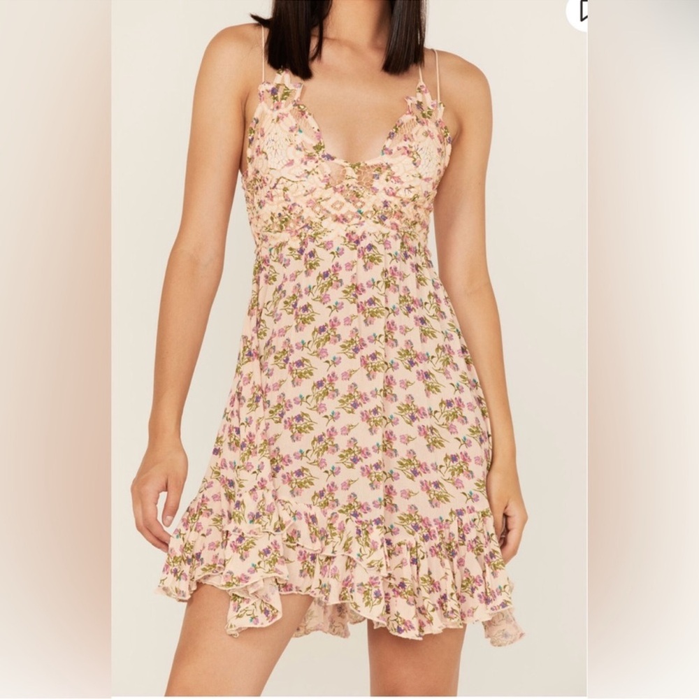 Free People Adella boho lace floral mini slip dress